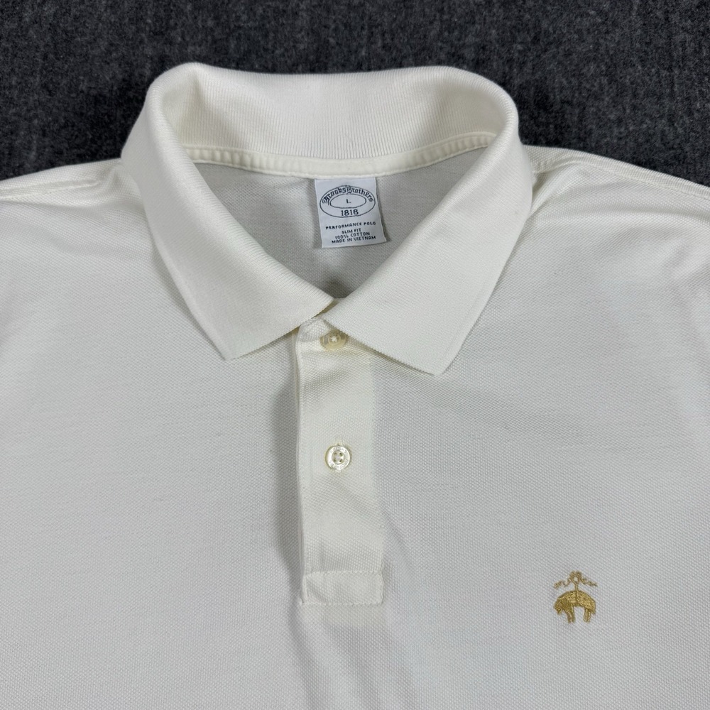 Brooks Brothers 1818 Men L White Performance Polo Slim Fit Golden Fleece Cotton